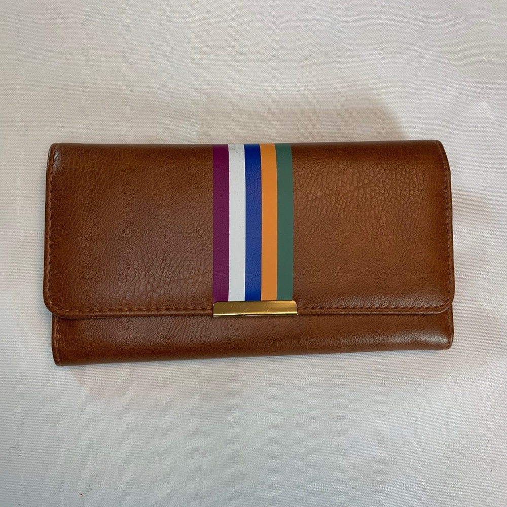 NWOT SafeKeeper Brand Brown with Colorful Stripes Trifold RFID Wallet! - Picture 1 of 12